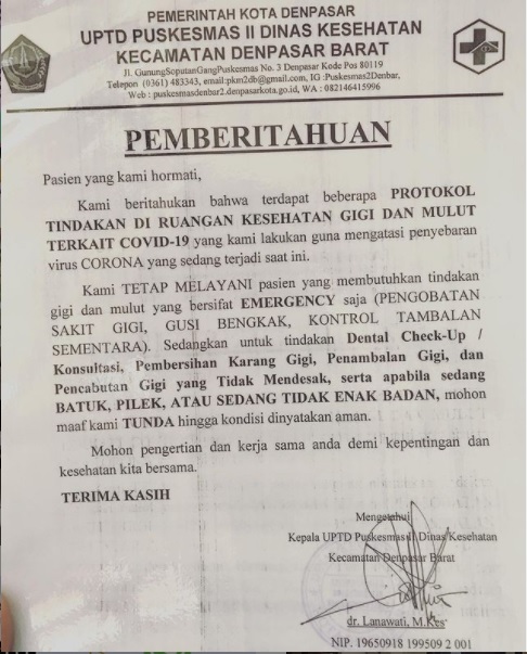 PROTOKOL TINDAKAN DI RUANG KESEHATAN GIGI DAN MULUT SELAMA MASA PANDEMI TERKAIT COVID-19